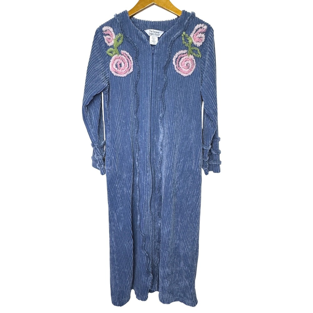 The Vermont Country Store Chenille Blossom 3/4 Zip-Front‎ Robe Small Blue